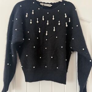 Vintage Rafaella black sweater w/ faux pearl embellishments, scalloped neckline
